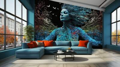 An abstract portrait of a powerful woman mother nature with elements of the world in her hair the personification of reincarnation, rebirth and circulation in material life painted with paints Wall mural