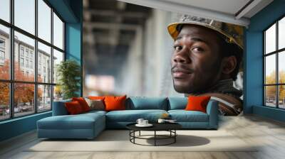 An african american man wearing a hard hat and a hard hat. Generative AI. Wall mural