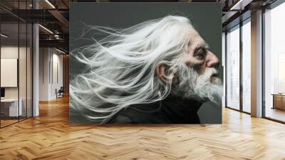 An elderly man with white hair and a long beard blowing in the wind. AI. Wall mural