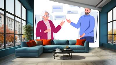 An elderly woman and a young man communicate using a smartphone video call. Parents. Mom and son are talking, chatting, messaging, gossiping on social networks. Flat vector illustration Wall mural