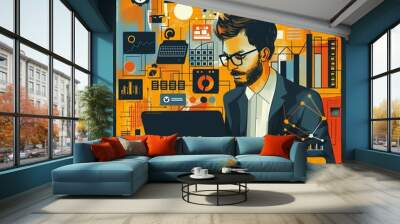 An entrepreneur brainstorming at their laptop, surrounded by flowing graphics of data and ecommerce analytics, symbolizing strategy and growth , illustration Wall mural