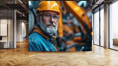 An older man in a hard hat and glasses standing in front of machinery. Generative AI. Wall mural