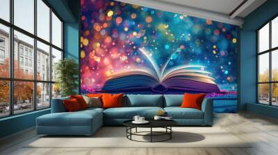 An open book with sparkles on the table. Generative AI. Wall mural