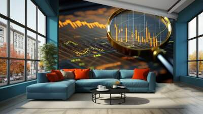 Analyzing stock market trends with a magnifying glass on financial graphs Wall mural