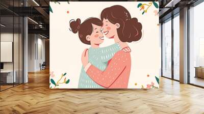 Banner of illustration of a mother and daughter in a loving embrace, surrounded by a floral pattern, pastel color scheme. Concept motherhood, children's books, greeting cards, mothers day, holiday. Wall mural