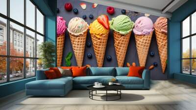 Assorted ice cream scoops in cones with fresh berries and nuts on a dark surface. Wall mural