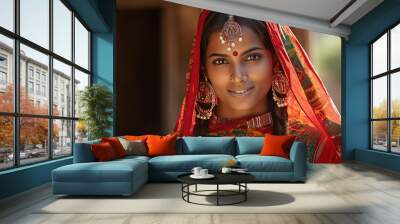 Attractive Indian woman portrait wearing traditional sari and jewelery Wall mural