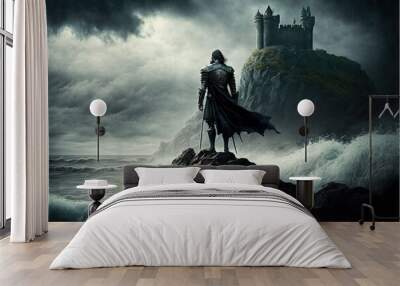 Back view of small medieval warrior on cliff with gothic castle across stormy sea, created with generative ai Wall mural