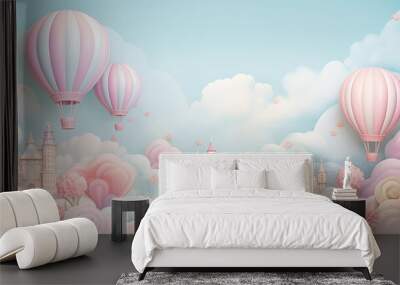 Background in pastel colors for children with clouds, balls, and flying air balloons. Wall mural