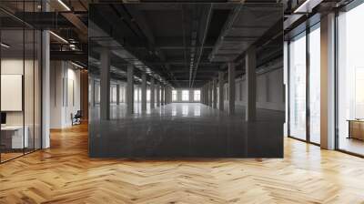 Empty huge open space in old factory building with rows of columns, large windows and pipes under the ceiling. Industrial or loft style background, mock up Wall mural