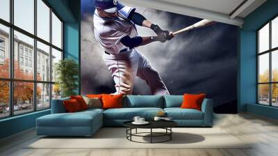 Baseball player hits the ball with a bat directly into the frame, motion effect, action shot, wide angle, created with generative ai Wall mural