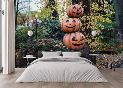 beautiful halloween decoration with orange pumpkis in the park or in the garden. high quality photo Wall mural