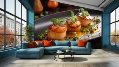 beautiful plate of sous-vide seared scallops with herbs and spices, created with generative ai Wall mural