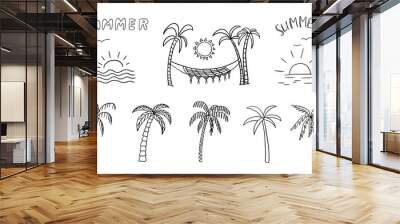 Big set of different palm trees, suns and hammock in doodle style. Summer time. Travel design. Adventure. Paradise. Hand drawn. Great for prints, poster, banner and professional design Wall mural