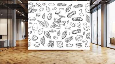 Big set of nuts. Cashew, almond, hazelnut, pistachio, peanut, walnut. Healthy food. Doodle vector illustration EPS10. Hand drawn. Isolated on white background Wall mural