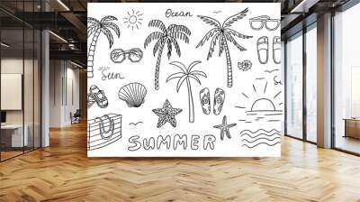 Big set of summer time theme elements in doodle style. Palm trees, shells, sun, beach bag, flip flops, sunglasses. Travel design. Adventure. Hand drawn vector illustration. Great for poster, banner Wall mural