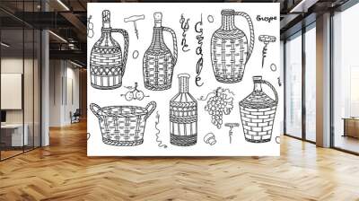 Big set of wicker wine bottles, decorative wicker basket, bunch of grapes, grape vine and corkscrew in doodle style. Vineyard. Winery. Vector illustration. Hand drawn. Isolated on white background Wall mural