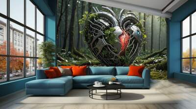 Biomimetic biomechanical iron heart made of metal, plants and organic in forest, fusion of technology and nature concept symbolizes harmonious coexistence human mechanical innovation and natural world Wall mural