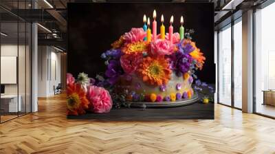 birthday cake with colorful birthday candles and flower bouquet, created with generative ai Wall mural