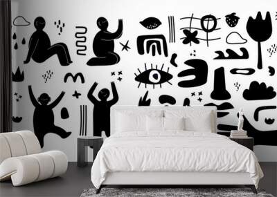 Black doodle people and flowers. Modern characters and shapes silhouettes set, abstract shapes, geometry blobs and leaves, strange man in different poses, vector graphic collection Wall mural