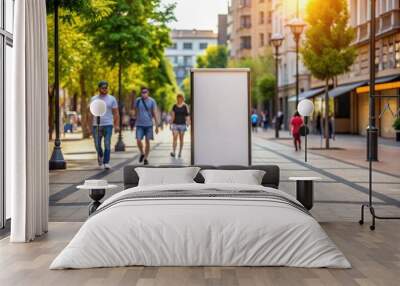 Blank vertical billboard standing on busy pedestrian street with people shopping Wall mural