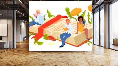 Book festival to read literature and study vector illustration. Cartoon tiny people sit on big open storybook with bookmark among spring and summer forest flowers, characters reading with curiosity Wall mural