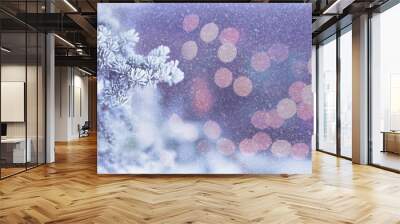 Border winter nature christmas background with frozen spruce branch with glitter lights, bokeh, snow. View through the white frost pine branch. Happy new year frame pastel card. Text space. Wall mural