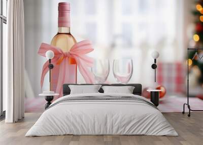 bottle of rose wine with a gift ribbon on a festive table Wall mural