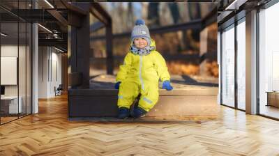 boy sitting on wooden stairs of the bridge Wall mural