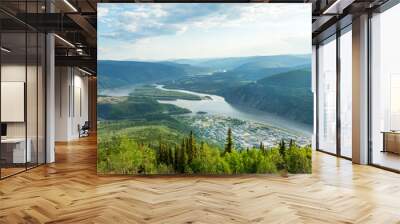 Panoramic view of Dawson city and Yukon river from the top of Midnight Dome mountain, Yukon territory, Canada Wall mural