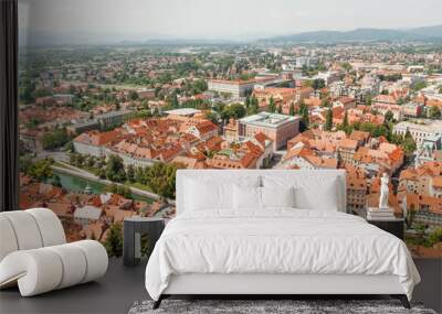 Vibrant summer panorama of Ljubljana historic center from the Castle Hill, Slovenia Wall mural