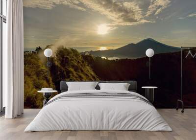 Breathtaking sunrise over Abang mountain, view from Batur volcano and Batur lake, Bali, Indonesia Wall mural