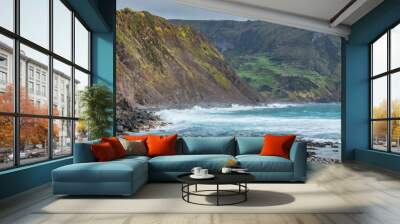 Breathtaking view on the Atlantic ocean coast aerial view green fields and the ocean Azores Portugal Wall mural