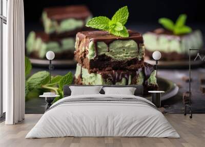 brownie squares with mint leaves on top Wall mural