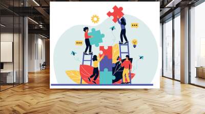 Business teamwork, tiny people building huge puzzles. Partnership and cooperation, people work in team together, office challenge, achieving goal. Men and women vector illustration tidy concept Wall mural