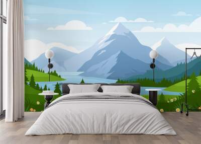 Cartoon flat panorama of spring summer beautiful nature, green grasslands meadow with flowers, forest, scenic blue lake, mountains on horizon background, mountain lake landscape vector illustration Wall mural