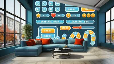 Cartoon navigation app menu elements, glossy buttons to play video game, progress bar, arrow and window gui design in different color. Buttons for mobile user game ui interface. Wall mural