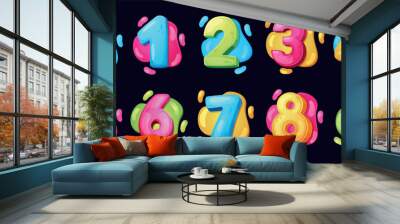 Cartoon numbers font. Fun childhood numeral symbols for baby birthday. Holiday decoration elements. Funny math signs. Arithmetic childish icons set. Vector graphic recent illustration Wall mural