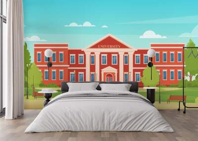 Cartoon urban cityscape with college campus facade or academy for students, entrance to library, high school or university architecture background. University campus city building vector illustration. Wall mural