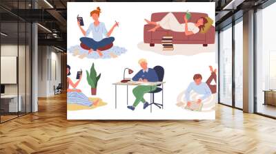 Cartoon young woman holding book and studying, man character sitting at table doing homework, happy girl lying on cozy sofa and reading book. People study learn or work at home vector illustration set Wall mural