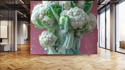 Cauliflower with dripping cyan paint, displayed on a plain maroon backdrop, Wall mural