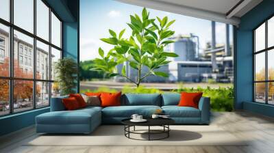 Chemical plant smoke green tree growing environmental problem alert Wall mural