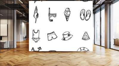 Children summer beach. Set of elements. Holidays family vacation on beach. Sea or lake. For children to relax and have fun. Outline hand drawn sketch. Drawing with ink. Isolated on white background Wall mural