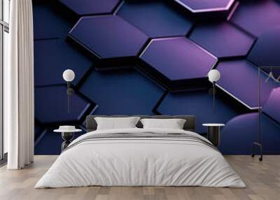 Close-up of a futuristic hexagonal pattern with a metallic texture, illuminated by purple and blue lighting. The hexagons create a modern and abstract geometric surface. Wall mural