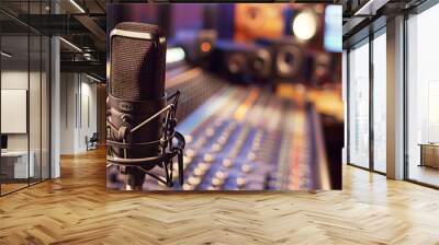 Close-up of a professional microphone in a recording studio with mixing equipment and blurred background, depicting a music production environment. Wall mural