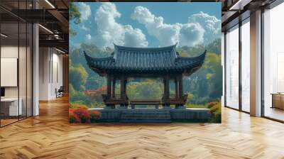 Close-up of a tranquil sitting area in a Chinese garden, with a sky filled with dreamy white clouds, Wall mural