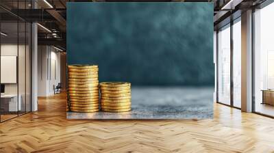 Close-up of golden coins stacked to form a bar graph, representing increasing revenue and financial prosperity, revenue growth, financial success Wall mural