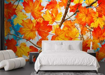 close-up of red and orange maple leaves on tree Wall mural