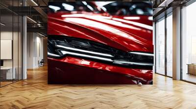 Close-up of the headlight of a modern red car. Wall mural