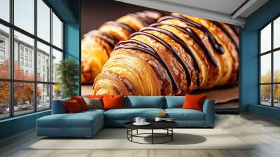 Close-up of two croissants drizzled with chocolate on a piece of parchment paper. Wall mural